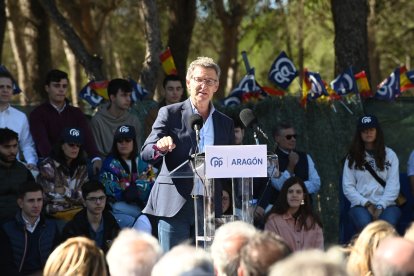 El presidente del Partido Popular, Alberto Núñez, interviene durante un acto del PP en Aragón.