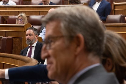 Feijóo en primer plano y Abascal en segundo durante un pleno en el Congreso.