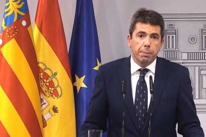 El presidente de la Generalitat Valenciana, Carlos Mazón, en la rueda de prensa de la Moncloa.