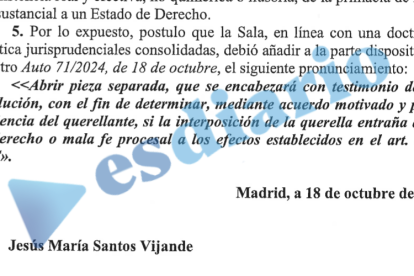 Fragmento del auto del TSJM con la explicación del voto particular del magistrado