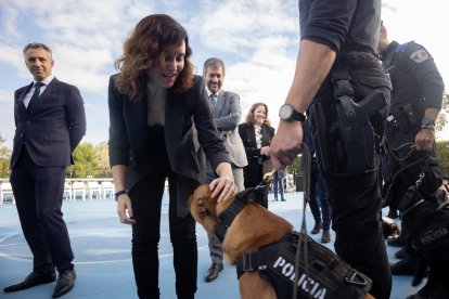 La presidenta de la Comunidad de Madrid, Isabel Díaz Ayuso, acaricia a un perro durante la presentación del Plan Regional contra las Drogas.