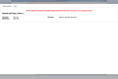 Captura del estado de la página web con los datos del barranco del Poyo a las 16:55h