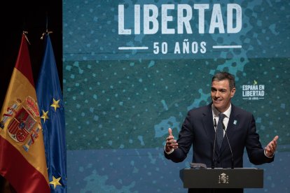El presidente del Gobierno, Pedro Sánchez, durnte el acto 'España en Libertad'