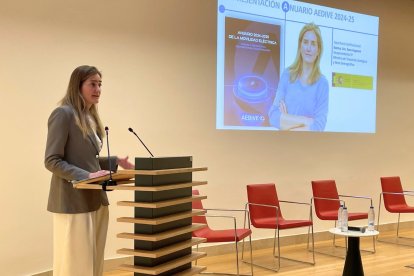 La vicepresidente tercera y ministra para la Transición Ecológica y el Reto Demográfico, Sara Aagsen, en la presentación del Anuario Aedive de la Movilidad Eléctria, este martes 18 de febrero en Madrid.