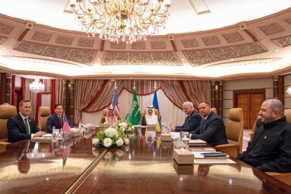 March 11, 2025, Jeddah, Mecca Province, Saudi Arabia: U.S., Saudi and Ukrainian officials pose before the start of talks on the Russo-Ukraine War at the Diriyah Palace, March 11, 2025 in Jeddah, Saudi Arabia. From left, National Security Advisor Mike Waltz, U.S. Secretary of State Marco Rubio, Saudi Foreign Minister Faisal bin Farhan, Saudi National Security Adviser Mosaad bin Mohammad al-Aiban, Ukrainian Foreign Minister Andrii Sybiha, Ukrainian chief of presidential staff Andriy Yermak, and Ukrainian Defense Minister Rustem Umerov.

Europa Press/Contacto/Freddie Everett/Us State
11/3/2025