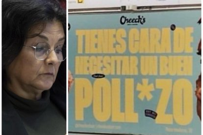 La concejala de Compromís, Lluisa Notario, y el cartel de Cheeck's del pollazo