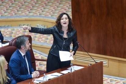 La presidenta de la Comunidad de Madrid, Isabel Díaz Ayuso, durante la sesión de control de la Asamblea de Madrid