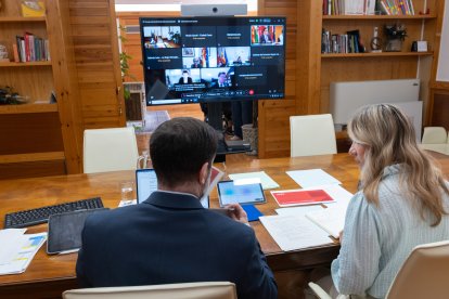 La vicepresidenta y consejera de Presidencia, Economía y Justicia del Gobierno de Aragón, Mar Vaquero, y el director de Arex, Javier Campo, en un momento de la reunión telemática de este lunes del Consejo Interterritorial de Internacionalización.