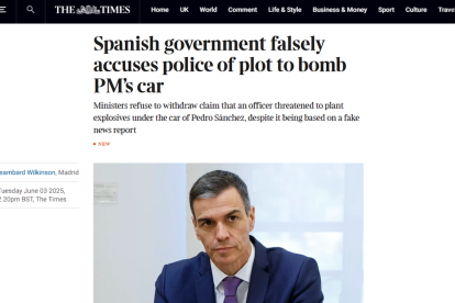 Noticia de 'The Times' sobre el bulo de la bomba lapa en el coche de Pedro Sánchez.