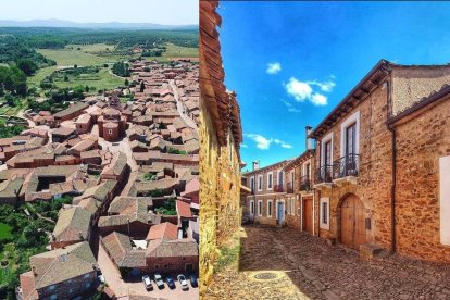 Vista aérea de Castrillo de los Polvazares y detalle de una de sus calles empedradas bajo cielo azul
