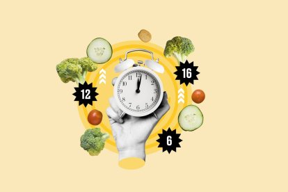 Concepto visual de ayuno intermitente con reloj y alimentos saludables como brócoli, pepino y tomate.