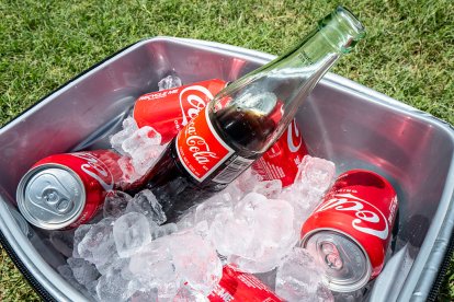 Botella de vidrio y latas de Coca‑Cola en una nevera portátil con hielo, sobre césped.