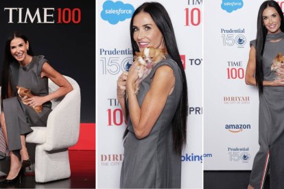 Demi Moore, radiante en el TIME100, conquista con su elegancia minimalista y la tierna compañía de su inseparable perro.