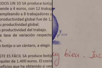 El profesor propuso “dibujar un botijo o un cántaro” como toque final del examen, y un alumno respondió con esta ilustración firmada que le valió un “Muy bien. Increíble”.