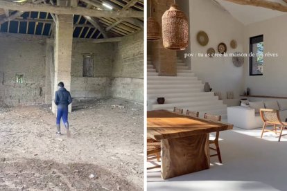 Del abandono a la armonía: la misma estructura que estaba en ruinas en 2022 hoy acoge un espacio diáfano, cálido y lleno de luz natural, combinando arquitectura rural y diseño contemporáneo.