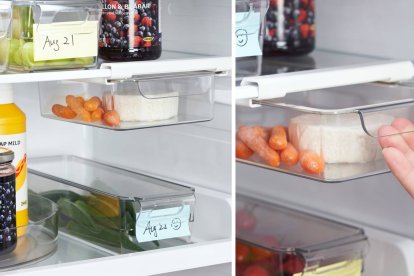 El cajón KLIPPKAKTUS de IKEA aprovecha el espacio inferior de la balda del frigorífico, permitiendo almacenar alimentos de forma accesible y ordenada.