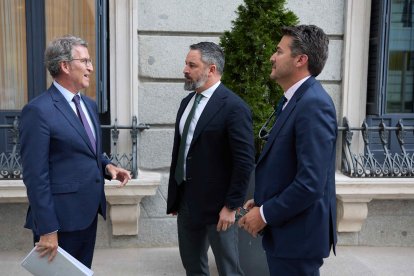 El presidente del PP, Alberto Núñez Feijóo conversa con el presidente de VOX, Santiago Abascal , a su salida de una sesión plenaria en la Cámara Baja, a 17 de septiembre de 2024, en Madrid (España). El Pleno del Congreso debate hoy la proposición de ley de Sumar, Podemos, Esquerra Republicana (ERC), EH Bildu y BNG para regular los alquileres de temporada y habitaciones y que el PSOE apoya, pero depende  de los votos de PNV y Junts para proseguir con su tramitación parlamentaria. Se trata de una reforma de la Ley de Arrendamientos Urbanos para equiparar los contratos temporales a los de vivienda habitual y así desincentivar su uso, para evitar fraudes que permitan.

Jesús Hellín / Europa Press
17 SEPTIEMBRE 2024;CONGRESO;MINISTROS;PLENO;DIPUTADOS;
17/9/2024