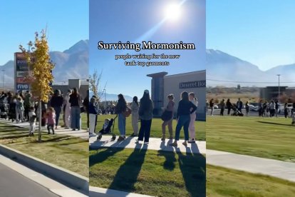 Decenas de mujeres esperan al sol para conseguir las camisetas interiores aprobadas por la Iglesia SUD, en una escena más propia de un lanzamiento de moda que de un cambio doctrinal.