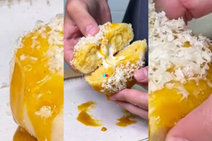 El donut de tortilla de Iñaki Gastro combina la textura crujiente de la tempura con un interior jugoso de tortilla y un glaseado brillante de yema curada, coronado con queso rallado. Un bocado visualmente irresistible.