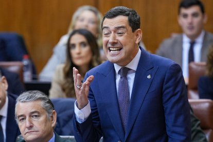 El presidente de la Junta de Andalucía, Juanma Moreno, en la sesión de control al Gobierno del Parlamento de Andalucía.