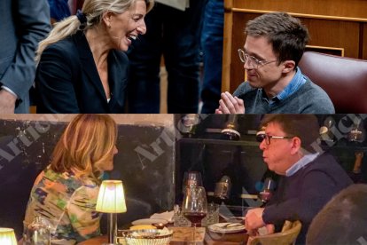 Yolanda Díaz e Íñigo Errejón en el Congreso; y Pilar Alegría junto a Paco Salazar en una comida.