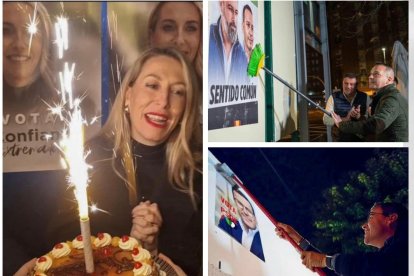 Los candidatos realizan la tradicional pega de carteles. María Guardiola PP, Óscar Fernández Calle Vox y Miguel Ángel Gallardo PSOE