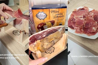 El mini jamón curado incluye cuchillo y soporte de madera; en redes ya lo muestran cortado y servido como aperitivo navideño.