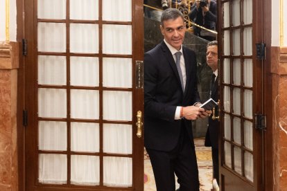 El presidente del Gobierno, Pedro Sánchez, a su salida de una sesión de control al Gobierno en el Congreso.
