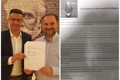 El alcalde de Almussafes, Toni Francés, del PSOE, junto a José Luis Ábalos, y la carta que ha mandado
