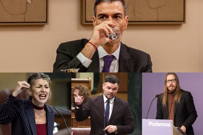 Pedro Sánchez y Yolanda Díaz (Sumar), Gabriel Rufián (ERC) y Pablo Fernández (Podemos).