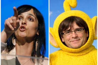 La líder de Aliança Catalana, Sílvia Orriols, y Carles Puigdemont de Teletubbie