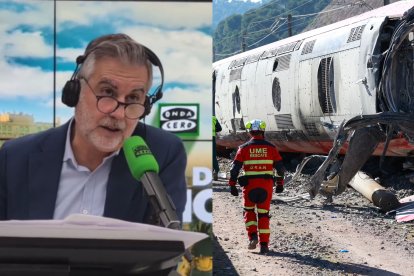 El presentador de Onda Cero, Carlos Alsina, y una imagen del accidente de Adamuz, en Córdoba.