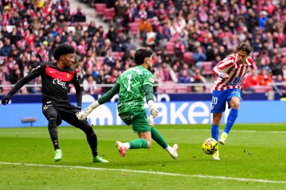 MADRID, SPAIN - JANUARY 25: Giuliano Simeone of Atletico de Madrid shoots while under pressure from Leo Roman of RCD Mallorca during the LaLiga EA Sports match between Atletico de Madrid and RCD Mallorca at Riyadh Air Metropolitano on January 25, 2026 in Madrid, Spain. (Photo by Angel Martinez/Getty Images)