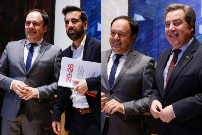 El president de la Generalitat, Juanfran Pérez Llorca, con los portavoces del PSPV y Vox, José Muñoz y José María Llanos, en Les Corts.