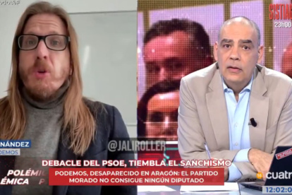 El secretario de Organización de Podemos, Pablo Fernández, entrevistado por Nacho Abad en Cuatro tras las elecciones en Aragón.
