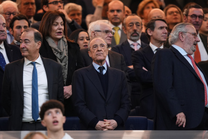 MADRID, SPAIN - FEBRUARY 01: Florentino Perez, President of Real Madrid, looks on prior to the LaLiga EA Sports match between Real Madrid CF and Rayo Vallecano de Madrid at Estadio Santiago Bernabeu on February 01, 2026 in Madrid, Spain. (Photo by Angel Martinez/Getty Images)