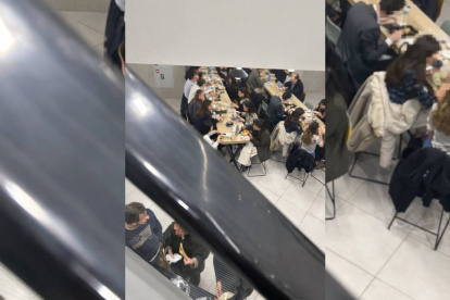 La imagen compartida en redes sociales muestra la zona de mesas de un supermercado llena a la hora del almuerzo, reflejo del auge de los platos preparados y su consumo fuera del hogar.