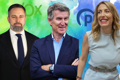 El líder de Vox, Santiago Abascal, el presidente popular Alberto Núñez Feijóo y la presidenta en funciones de la Junta de Extremadura,María Guardiola