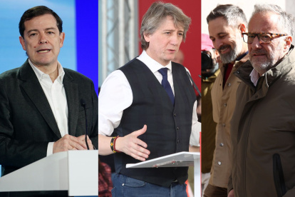 Los candidatos a la presencia de la Junta de Castilla y León que debatirán en el programa de RTVE. Alfonso Fernández Mañueco (i), Carlos Martínez (c) y Carlos Pollán junto a Santiago Abascal (d)