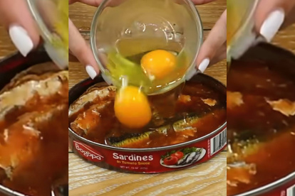 El momento en el que se añaden los huevos a la lata de sardinas, el primer paso de esta receta sencilla que se ha vuelto viral en redes