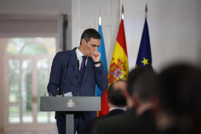 El presidente del Gobierno, Pedro Sánchez, durante una reuda de prensa en el Palacio de La Moncloa.