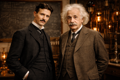 IMAGEN GENERADA POR IA. A la izquierda, Tesla, a la derecha Einstein