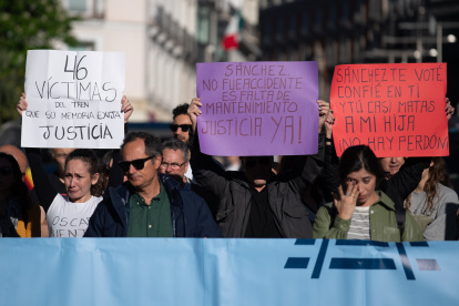 Manifestantes durante la concentración convocada por la Asociación Víctimas Descarrilamiento Adamuz frente al Congreso.