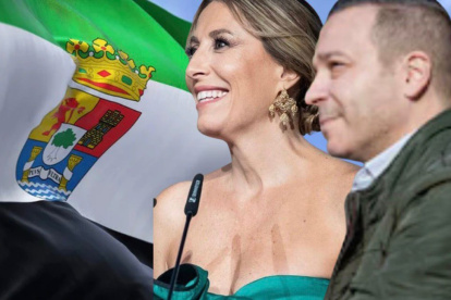 La presidenta extremeña en funciones, María Guardiola y el líder de Vox en Extremadura,Óscar Fernández Calle