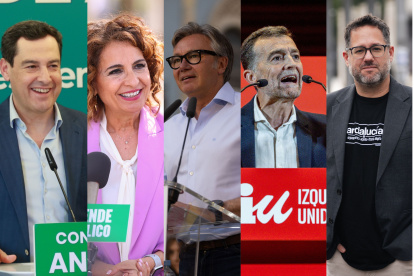 Candidatos a las elecciones: Moreno (PP-A), Montero (PSOE-A), Gavira (Vox), Maíllo (Por Andalucía) y García (Adelante Andalucía).