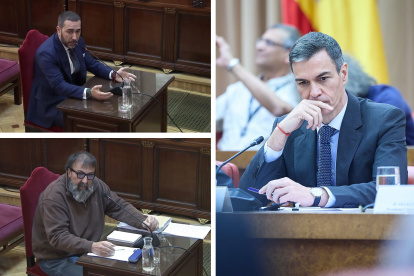 Víctor de Aldama y Koldo García durante sus declaraciones en el Supremo (izq.) y Pedro Sánchez (der.)