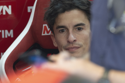 JEREZ DE LA FRONTERA, SPAIN - APRIL 27: Marc Marquez of Spain and  Ducati Lenovo Team looks on in box during the MotoGP Tests at Circuito de Jerez on April 27, 2026 in Jerez de la Frontera, Spain. (Photo by Mirco Lazzari gp/Getty Images)