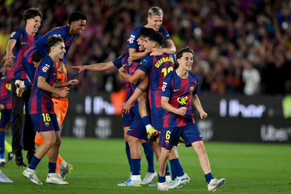 BARCELONA, SPAIN - MAY 10: Gavi of FC Barcelona celebrates after defeating Real Madrid, and winning the LaLiga title, after the LaLiga EA Sports match between FC Barcelona and Real Madrid CF at Spotify Camp Nou on May 10, 2026 in Barcelona, Spain. (Photo by David Ramos/Getty Images)