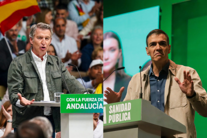 Feijóo (PP) este pasado domingo en Málaga y Sánchez (PSOE) en un mitin en La Línea de la Concepción, Cádiz.