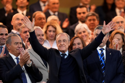 MADRID, SPAIN - MAY 14: Florentino Perez, President of Real Madrid, in attendance for the LaLiga EA Sports match between Real Madrid CF and Real Oviedo at Estadio Santiago Bernabeu on May 14, 2026 in Madrid, Spain. (Photo by Angel Martinez/Getty Images)